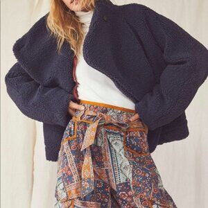 Free People Izzy Teddy Wrap Asymmetrical Button Front Collar Blue Coat Sz M